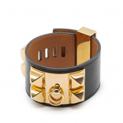 Bracelet Collier de Chien cuir noir et plaqué or