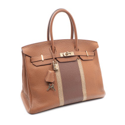 Hermes sac Birkin 35 Edition Limité Club en cuir Clemence gold, rouge basque et lézard couleur lin.