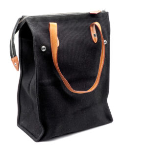 Sac Mira Vertical en toile noire et poignées en cuir Barénia – Image 1