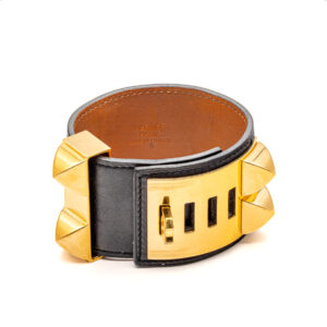 Bracelet Collier de Chien en veau box noir et plaqué or - Imagen 1