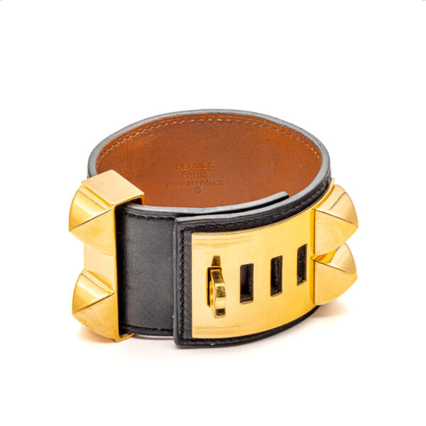 Bracelet Collier de Chien en veau box noir et plaqué or-0