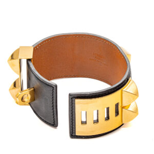 Bracelet Collier de Chien en veau box noir et plaqué or - Imagen 2