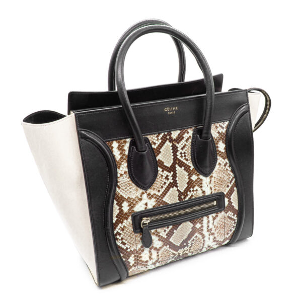 Sac Céline Luggage en python naturel et cuir bicolore noir et blanc cassé-0