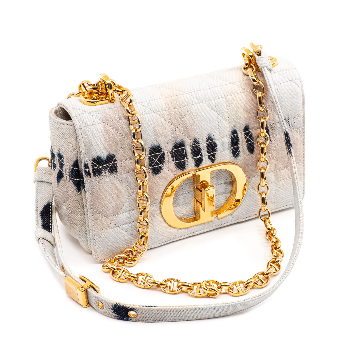 Sac à bandoulière Dior Caro en toile blanc cassé et Tie and Dye bleu et beige rosé-0