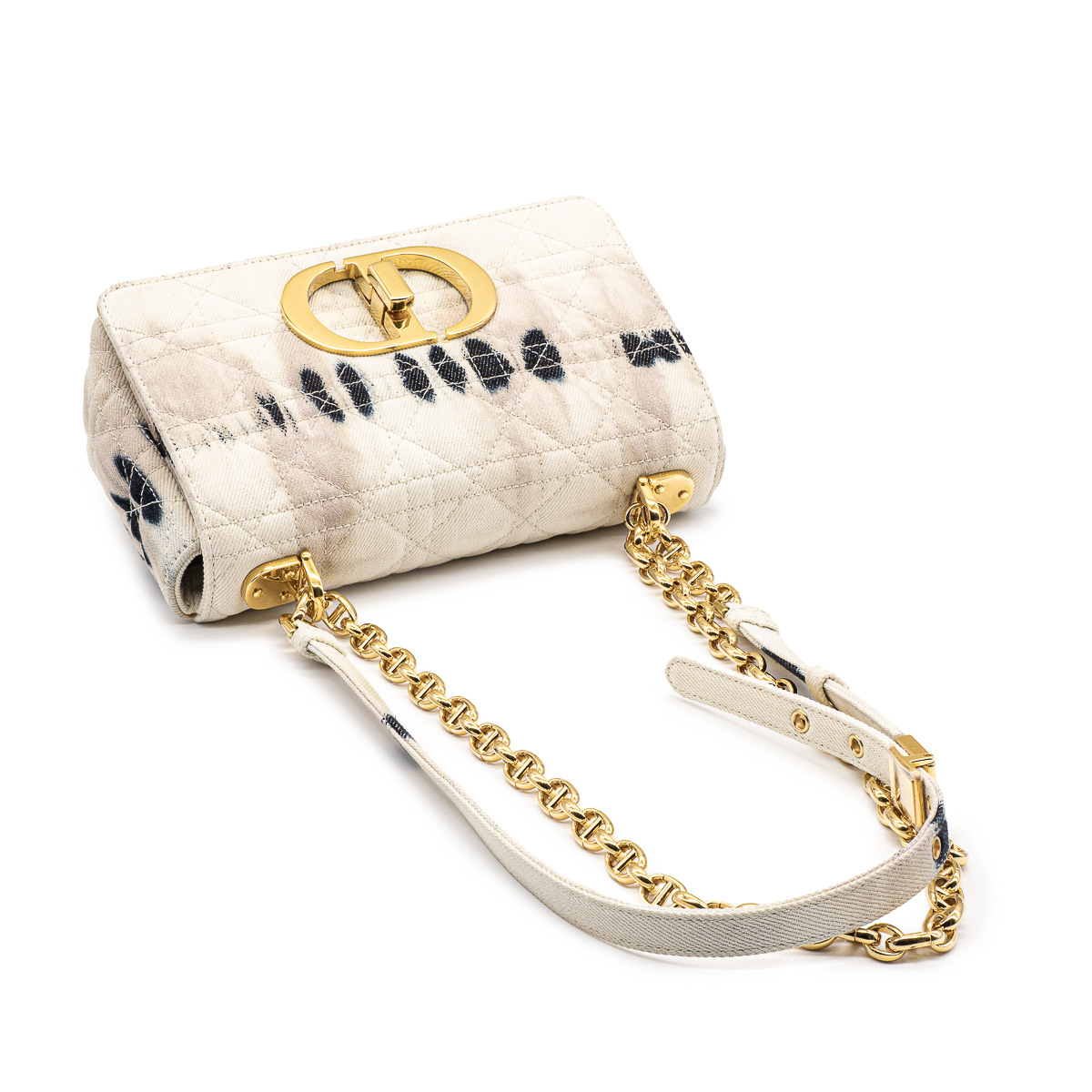 Sac à bandoulière Dior Caro en toile blanc cassé et Tie and Dye bleu et beige rosé-21273