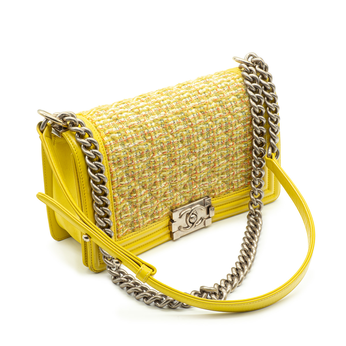 Sac Chanel Boy Medium en cuir jaune et Tweed jaune-0