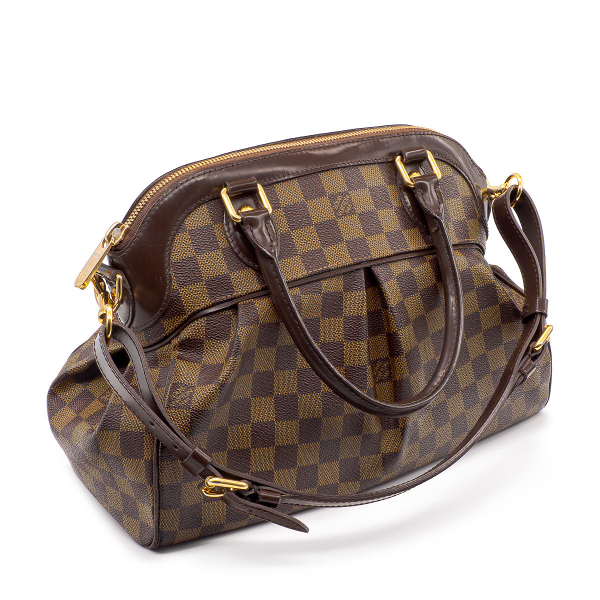 Sac à main Louis Vuitton Trevi en toile damier ébène et cuir marron-0