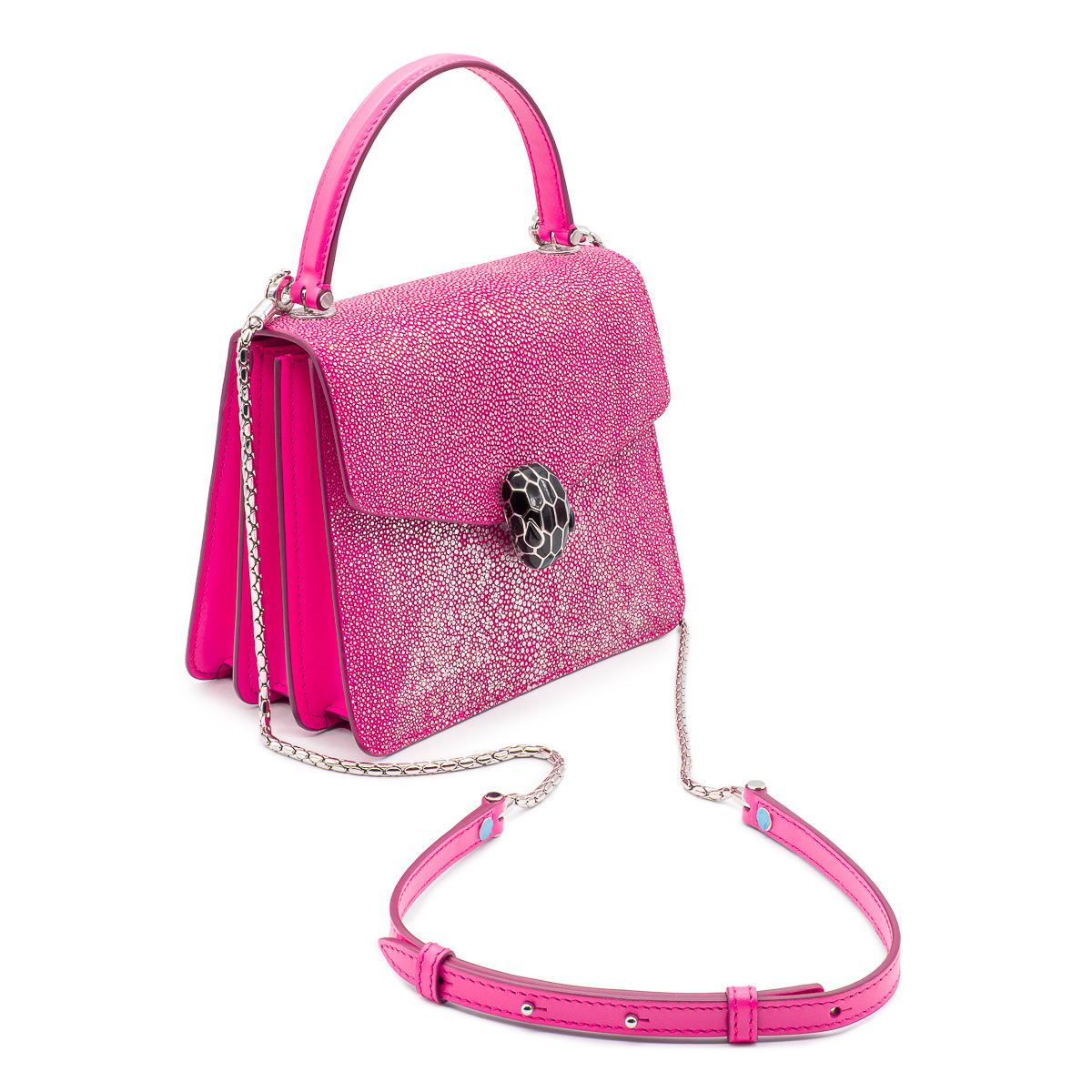 Sac porté épaule ou main Bulgari Serpenti Top Handle en galuchat rose-fushia-0