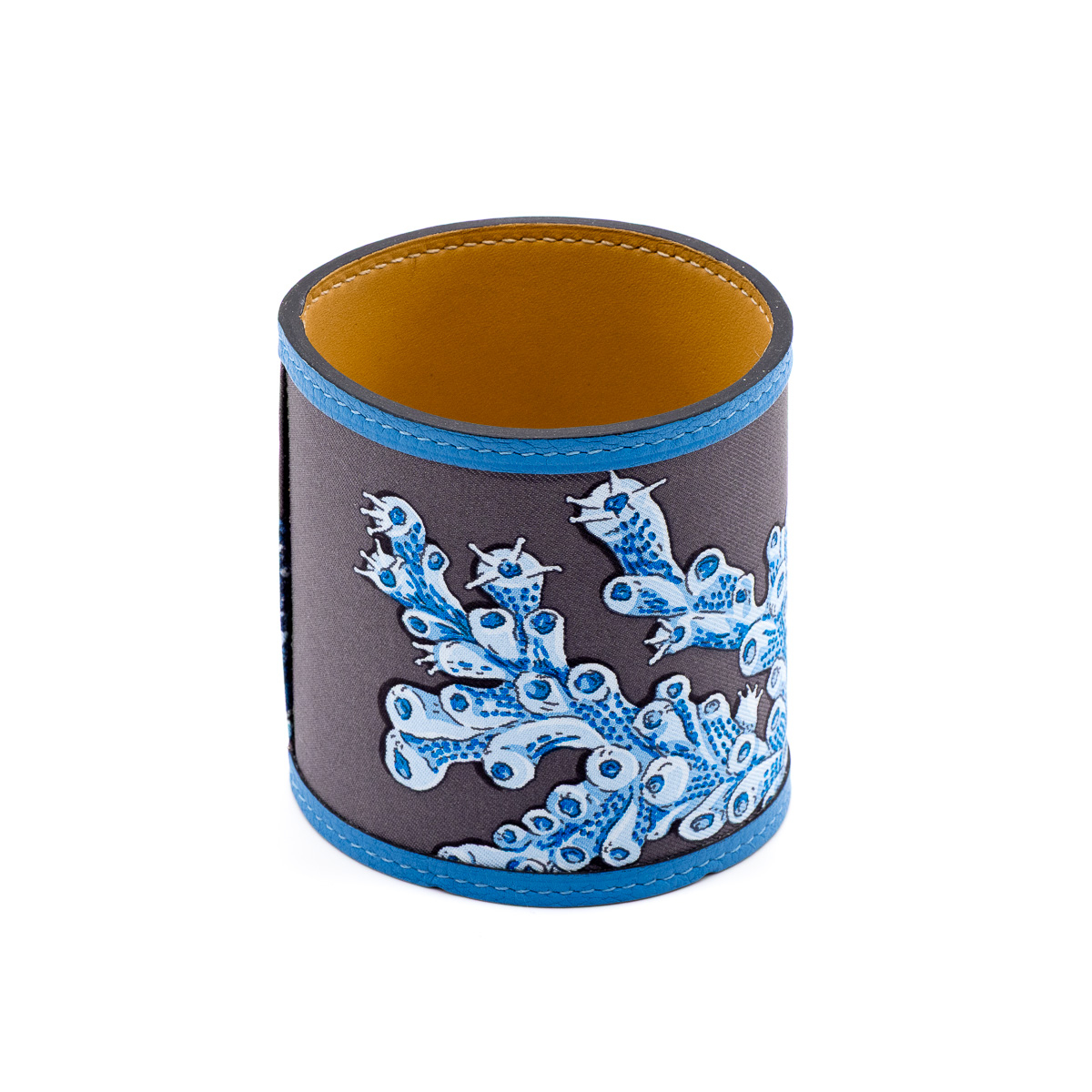 Bracelet Hermes extra-large en soie grise en bleue, passepoil en cuir bleu-0