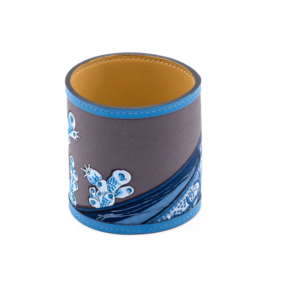 Bracelet Hermes extra-large en soie grise en bleue, passepoil en cuir bleu-21379