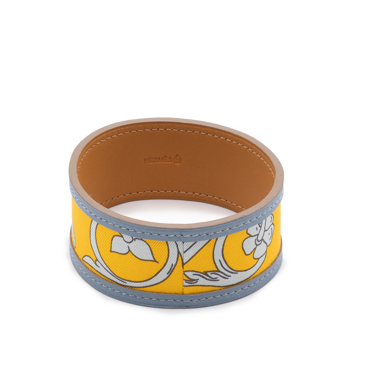 Bracelet Hermes en cuir gris bleu et soie jaune-0