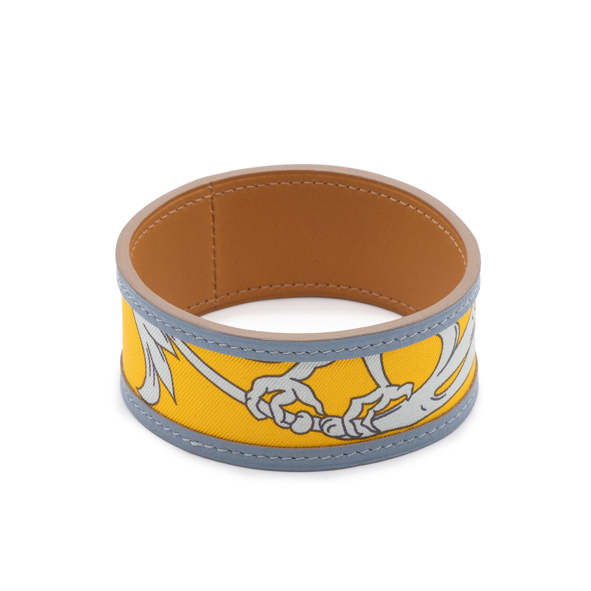 Bracelet Hermes en cuir gris bleu et soie jaune-21373