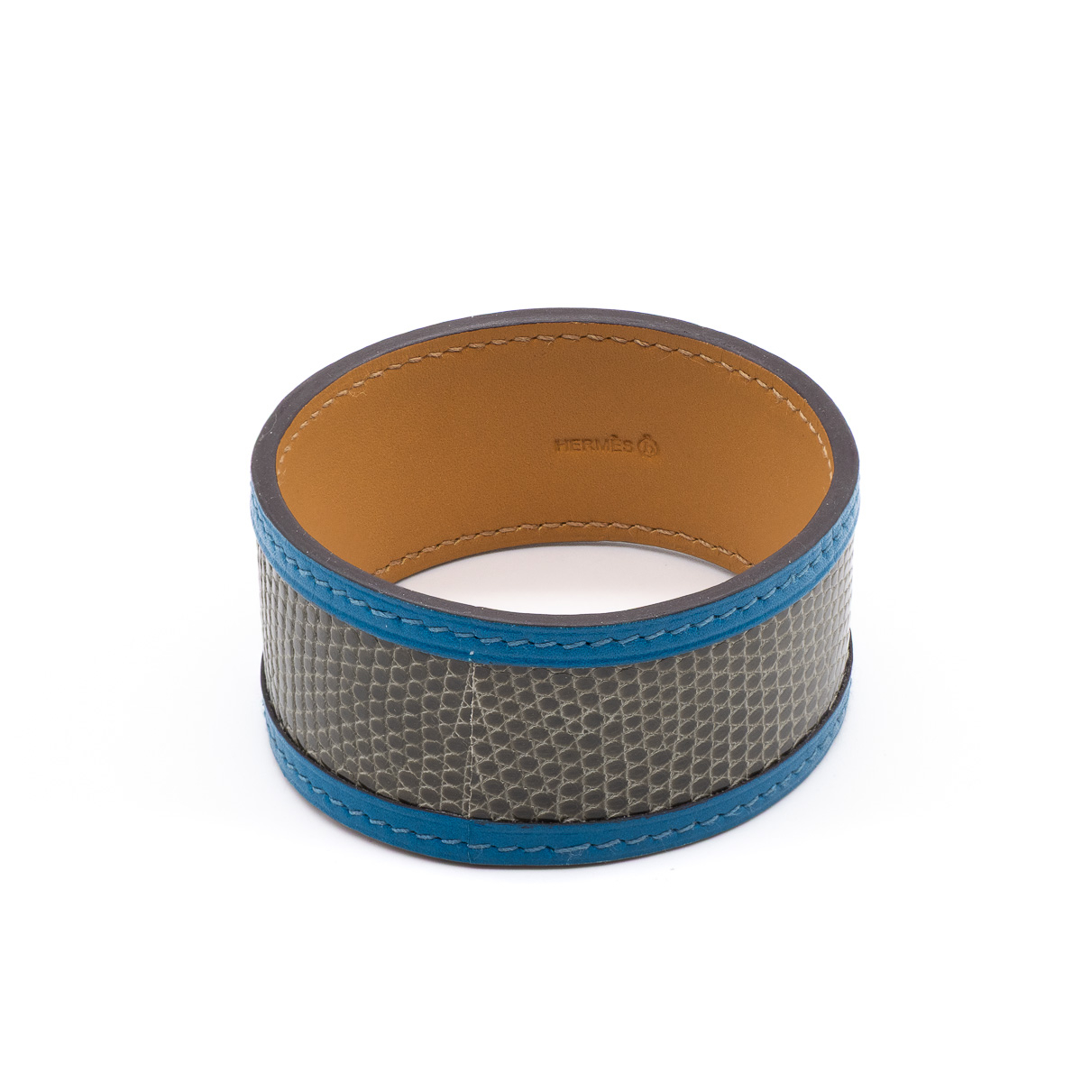 Bracelet Hermes en cuir exotique gris foncé et passepoil en cuir bleu-0