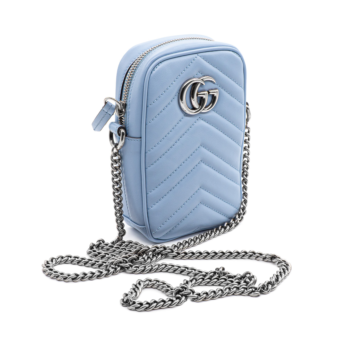 Pochette Gucci en cuir matelassé bleu GG Marmont Mini-0