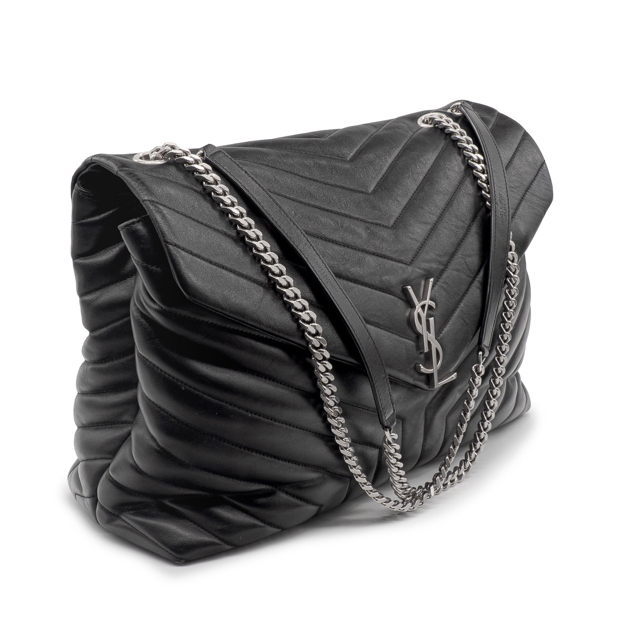 Sac bandoulière Saint Laurent Loulou grand modèle en cuir matelassé chevrons noir-0