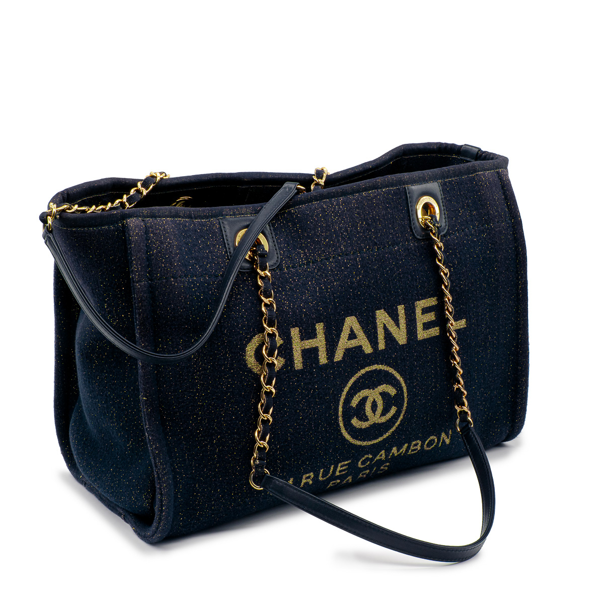Sac Cabas Chanel Collector Deauville 19A en toile marine et lurex doré-0