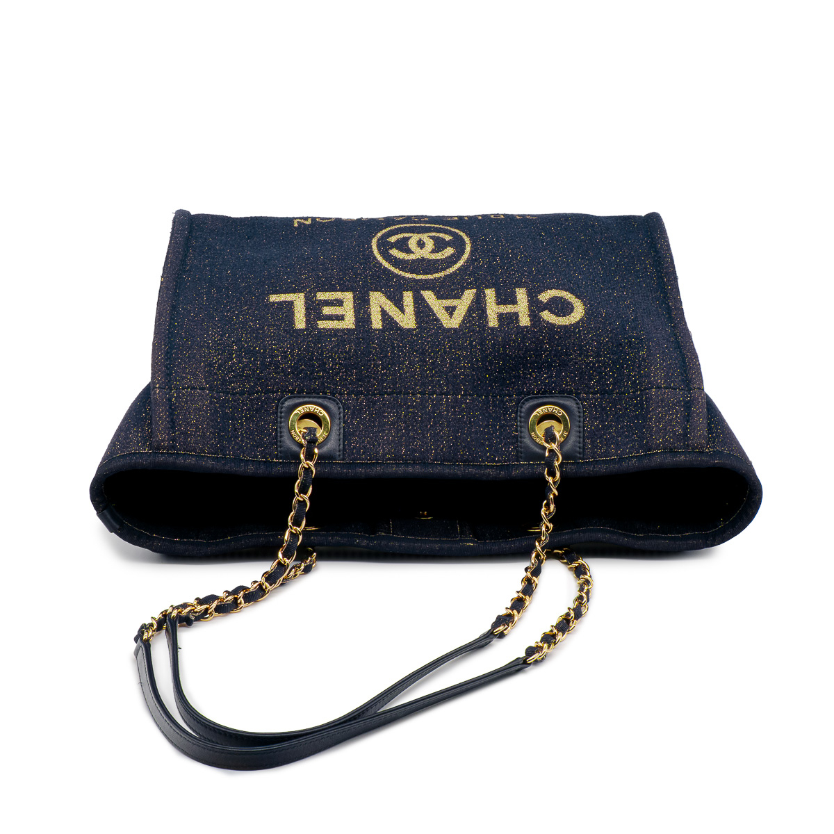 Sac Cabas Chanel Collector Deauville 19A en toile marine et lurex doré-21430