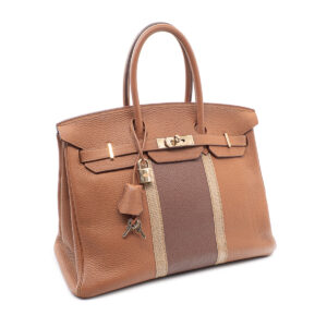 Hermes sac Birkin 35 Edition Limité Club en cuir Clemence gold, rouge basque et lézard couleur lin. – Image 1