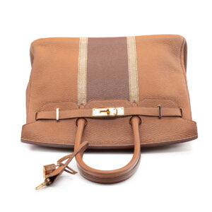 Hermes sac Birkin 35 Edition Limité Club en cuir Clemence gold, rouge basque et lézard couleur lin. – Image 2